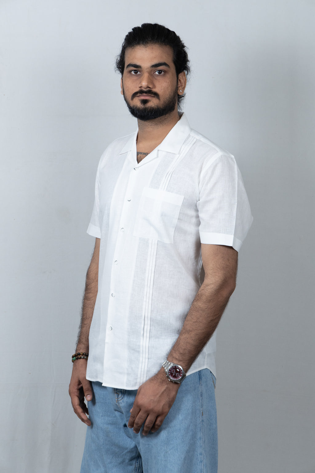 Half-Sleeve White Linen Shirt