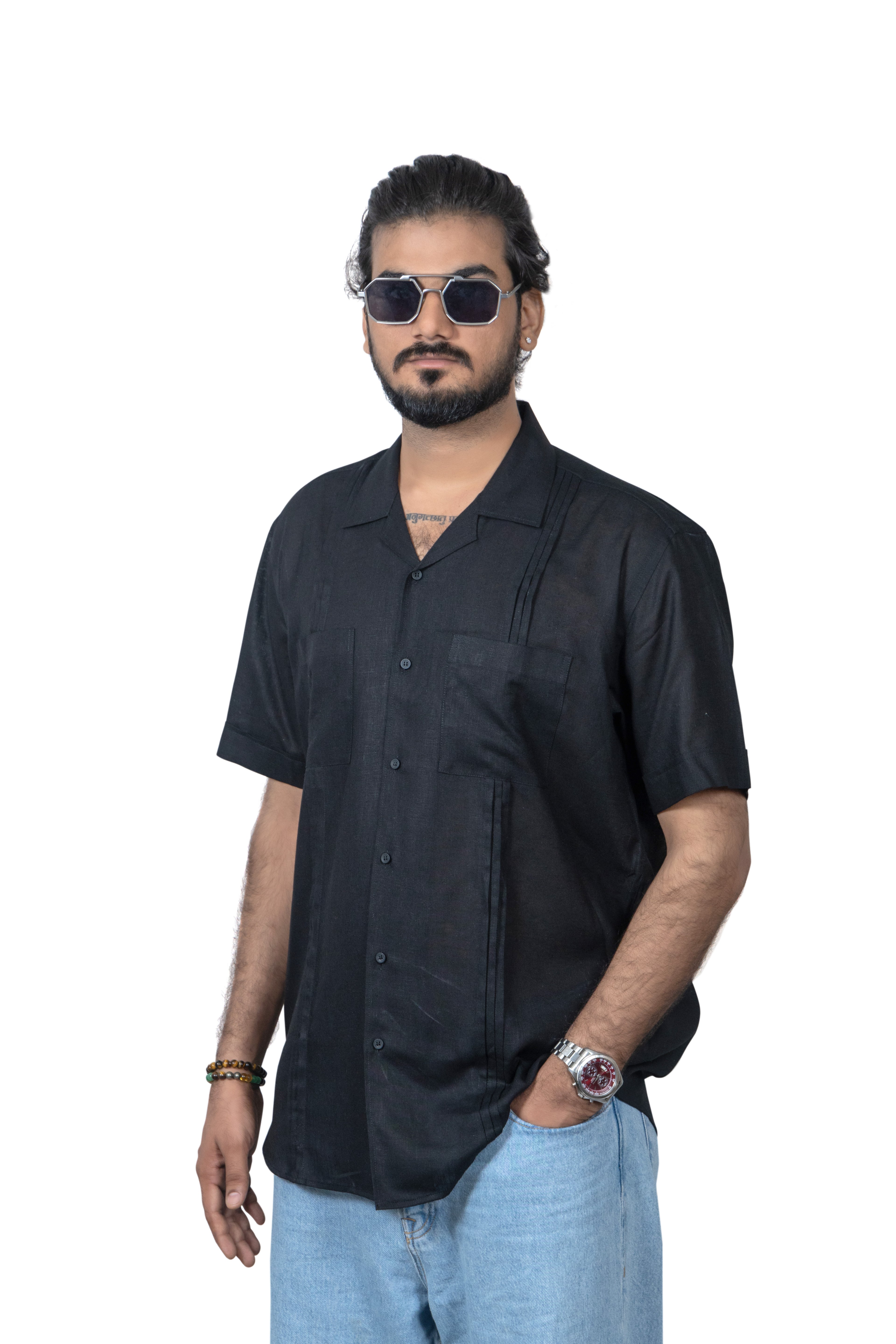 Half-Sleeve Black Linen Shirt