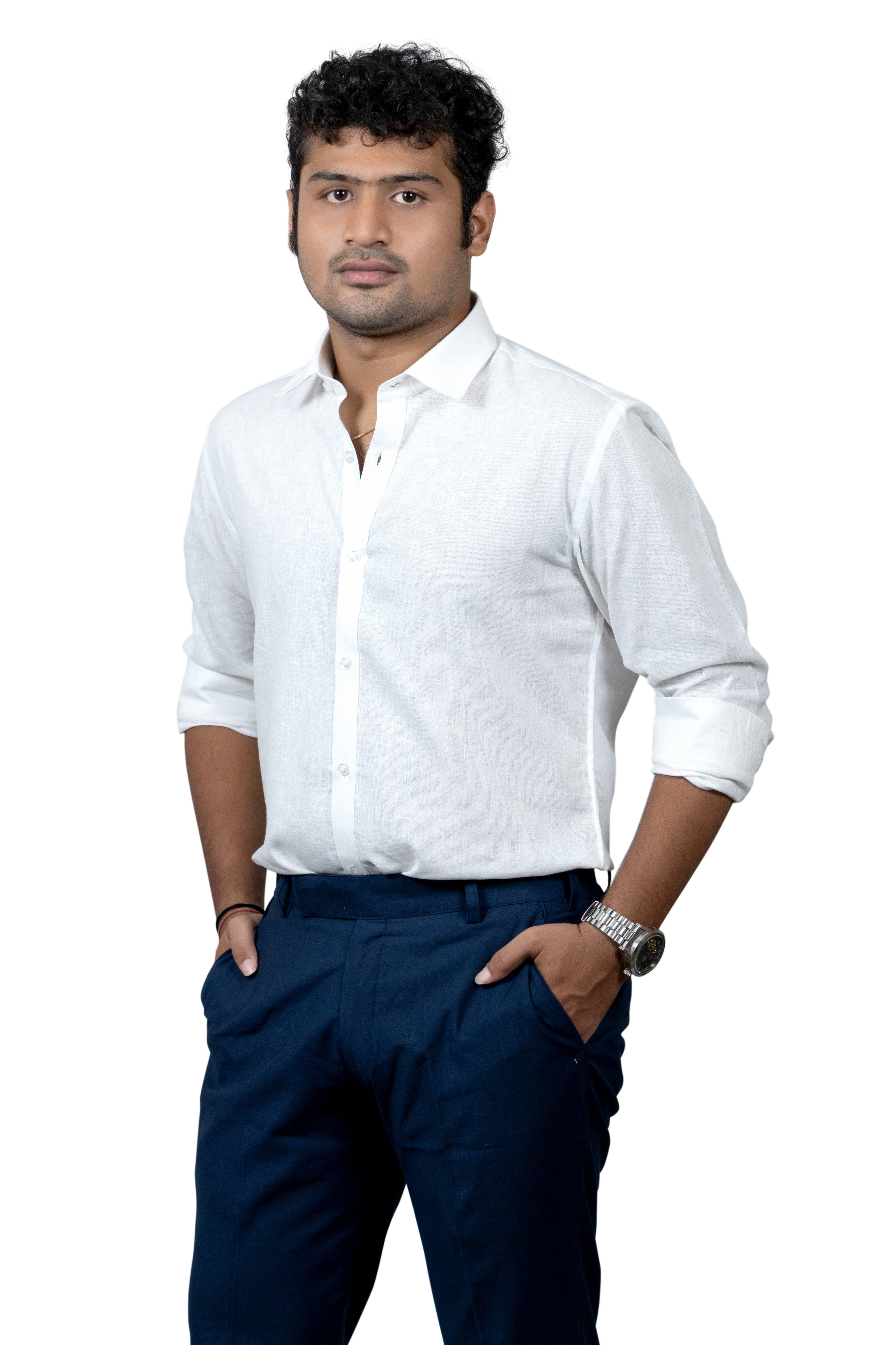 White Linen Spread Collar Shirt