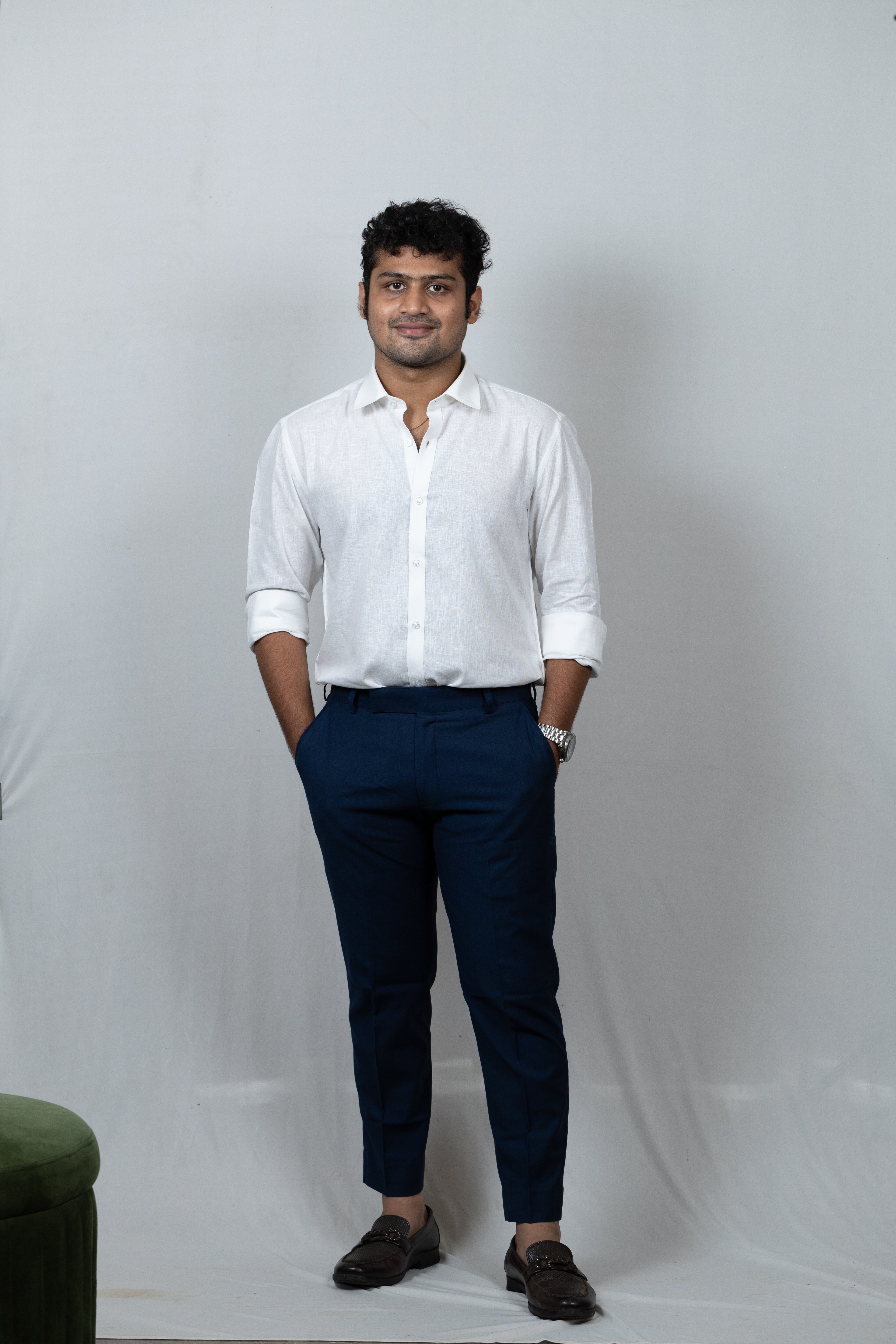 White Linen Spread Collar Shirt