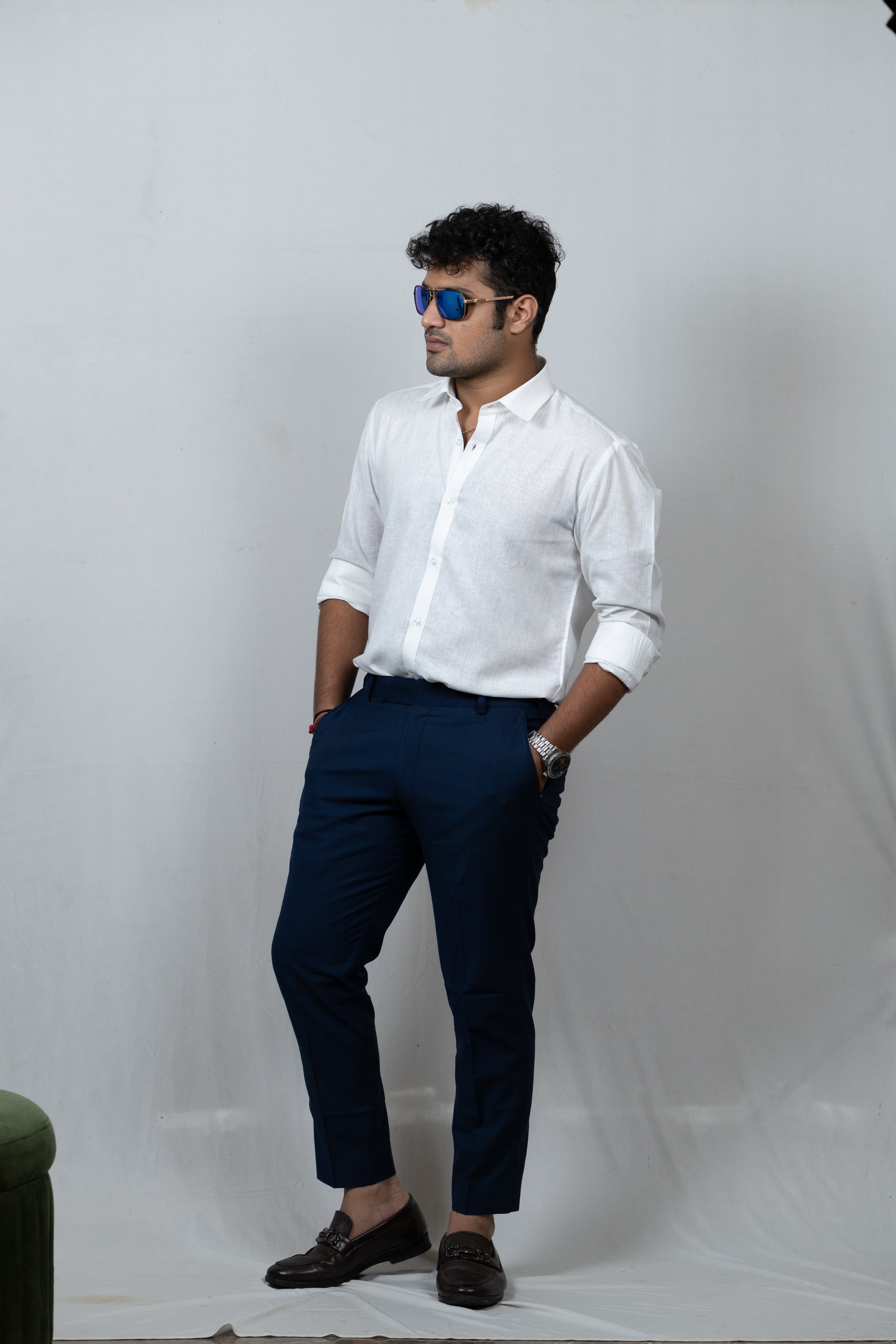 White Linen Spread Collar Shirt