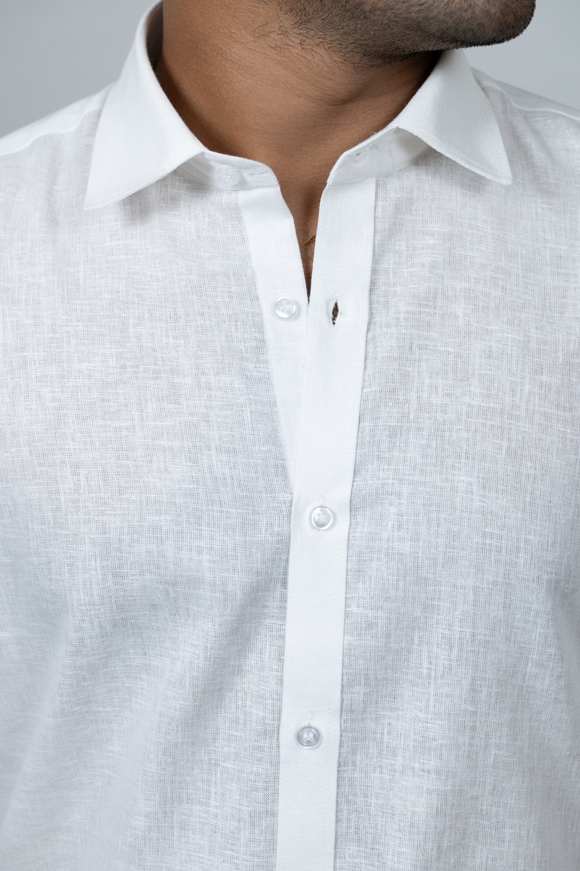 White Linen Spread Collar Shirt