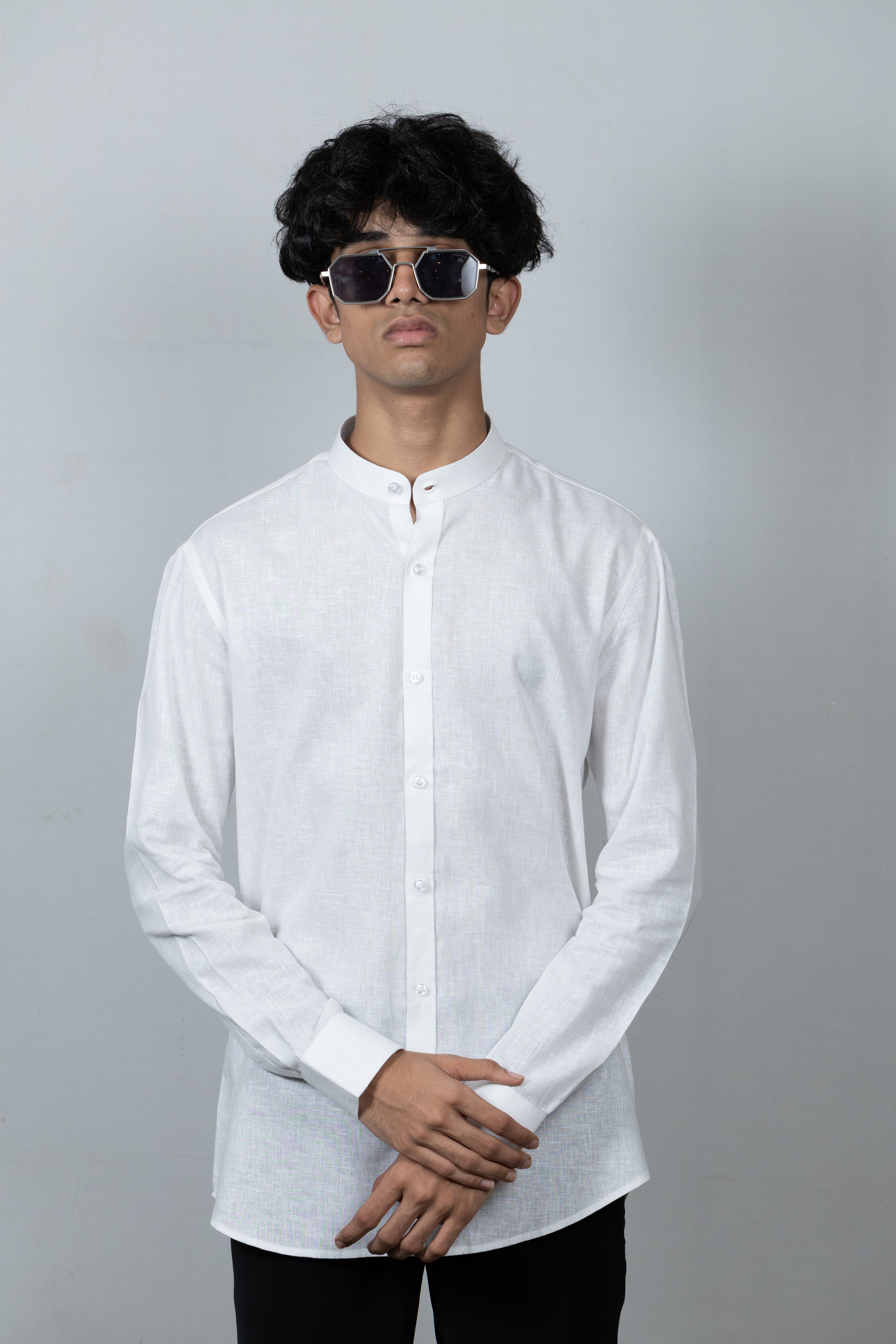 White Linen Madarin Collar Shirt