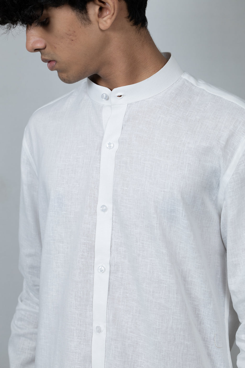 White Linen Madarin Collar Shirt