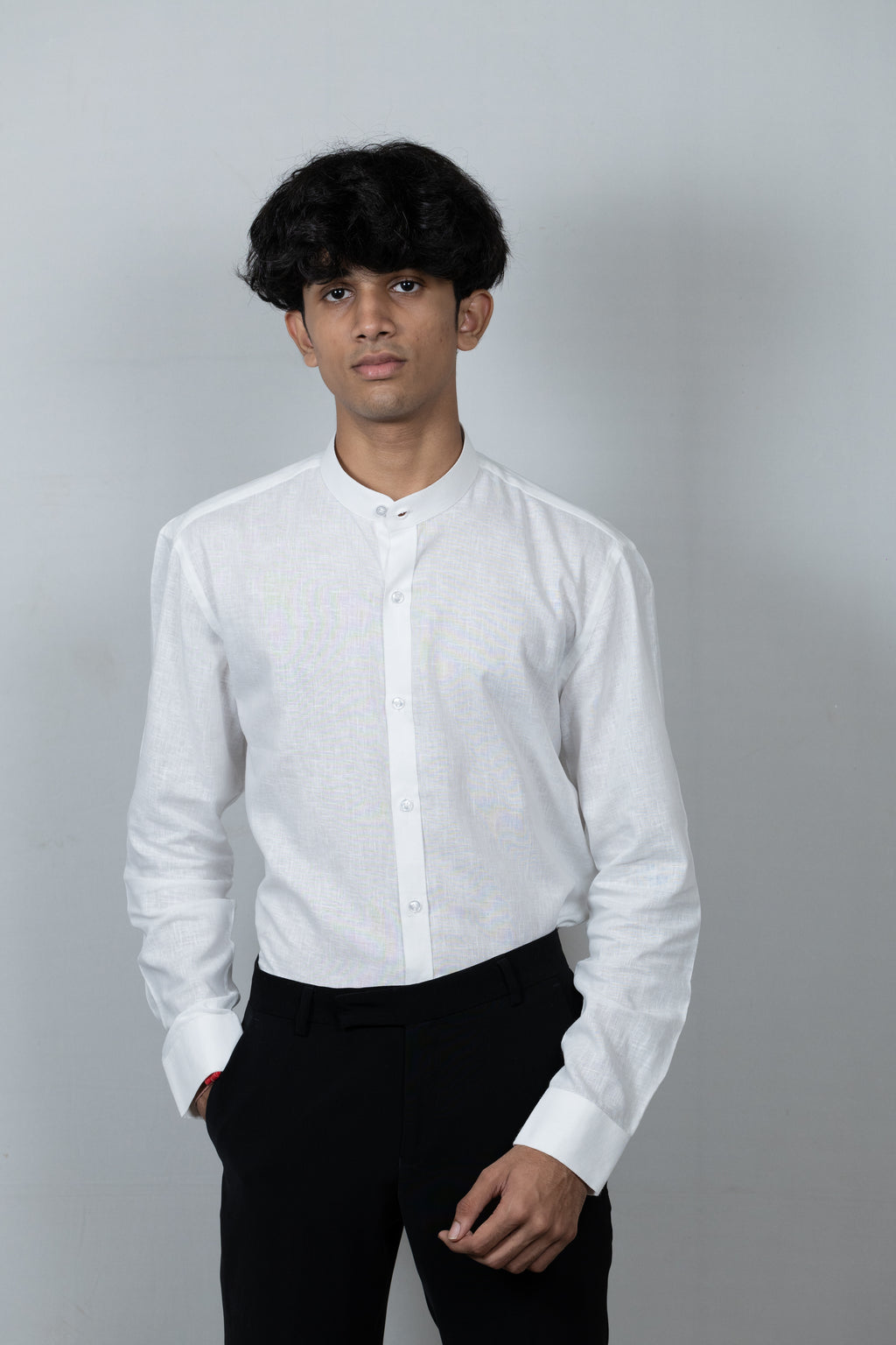 White Linen Madarin Collar Shirt