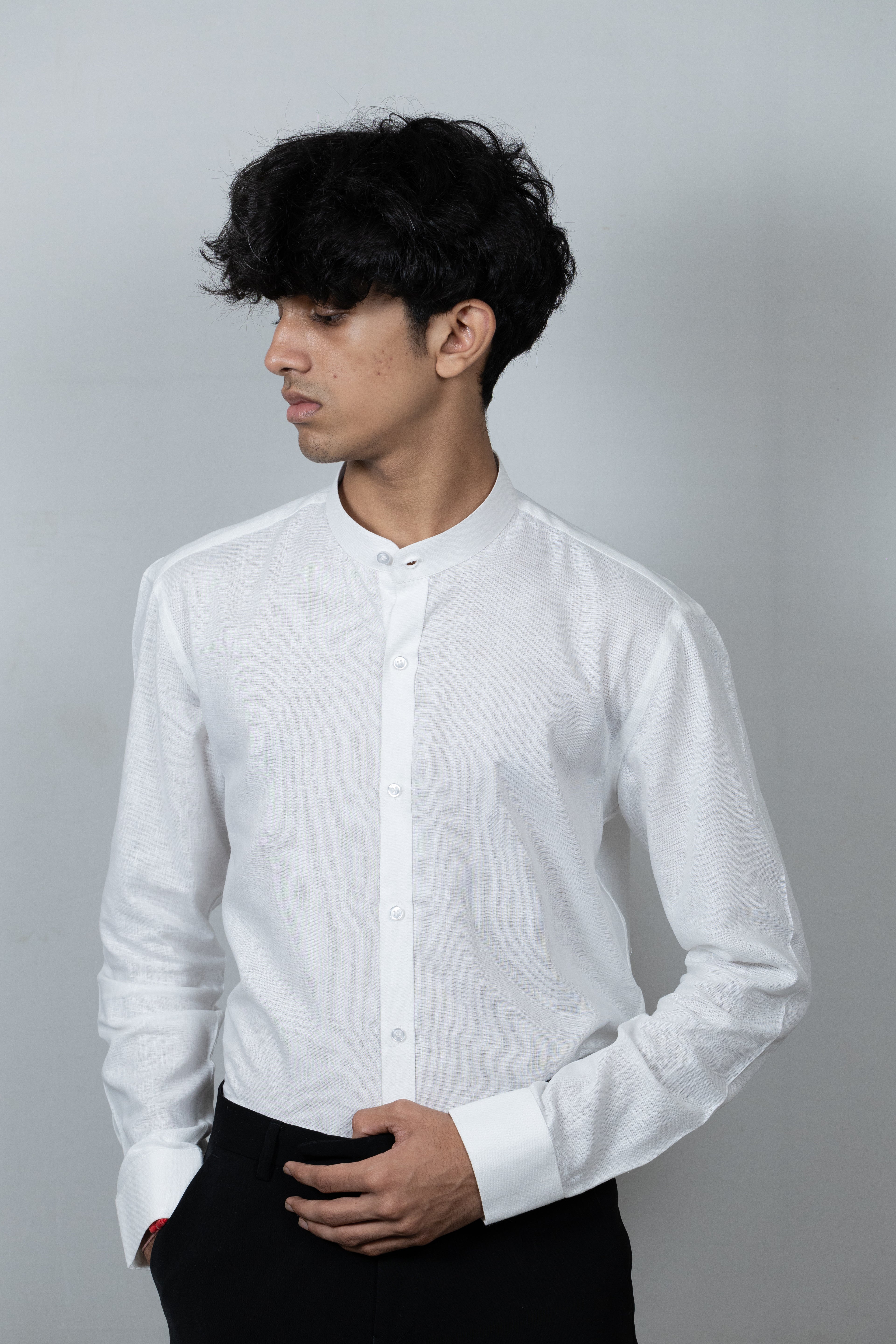 White Linen Madarin Collar Shirt