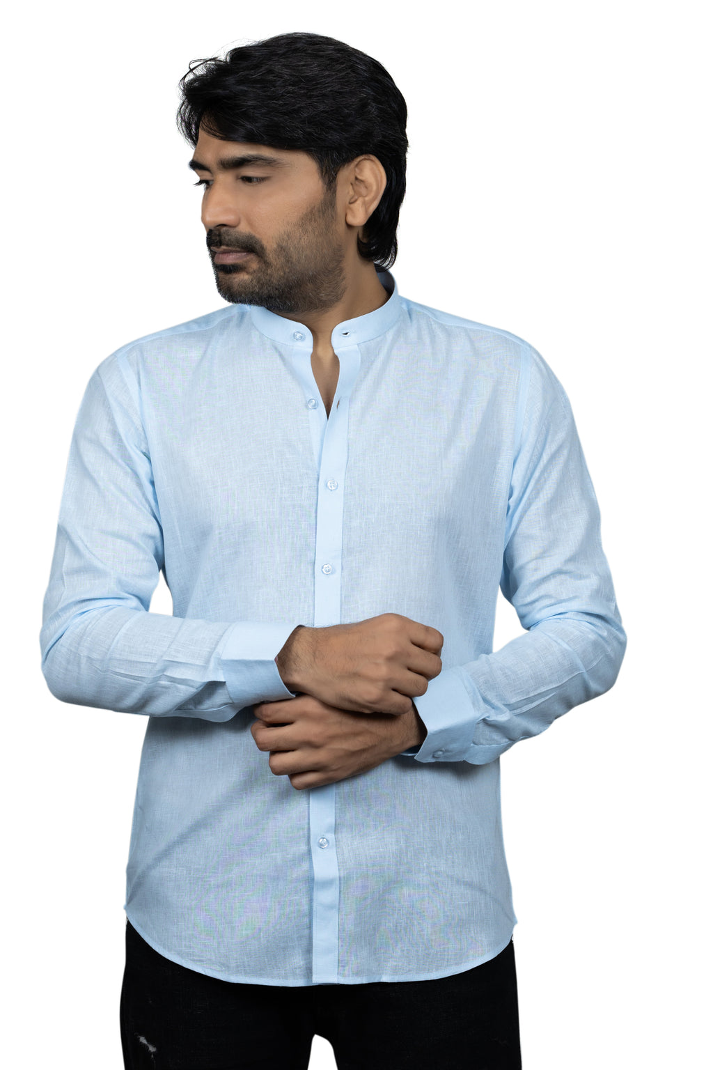 Blue Linen Madarin Collar Shirt