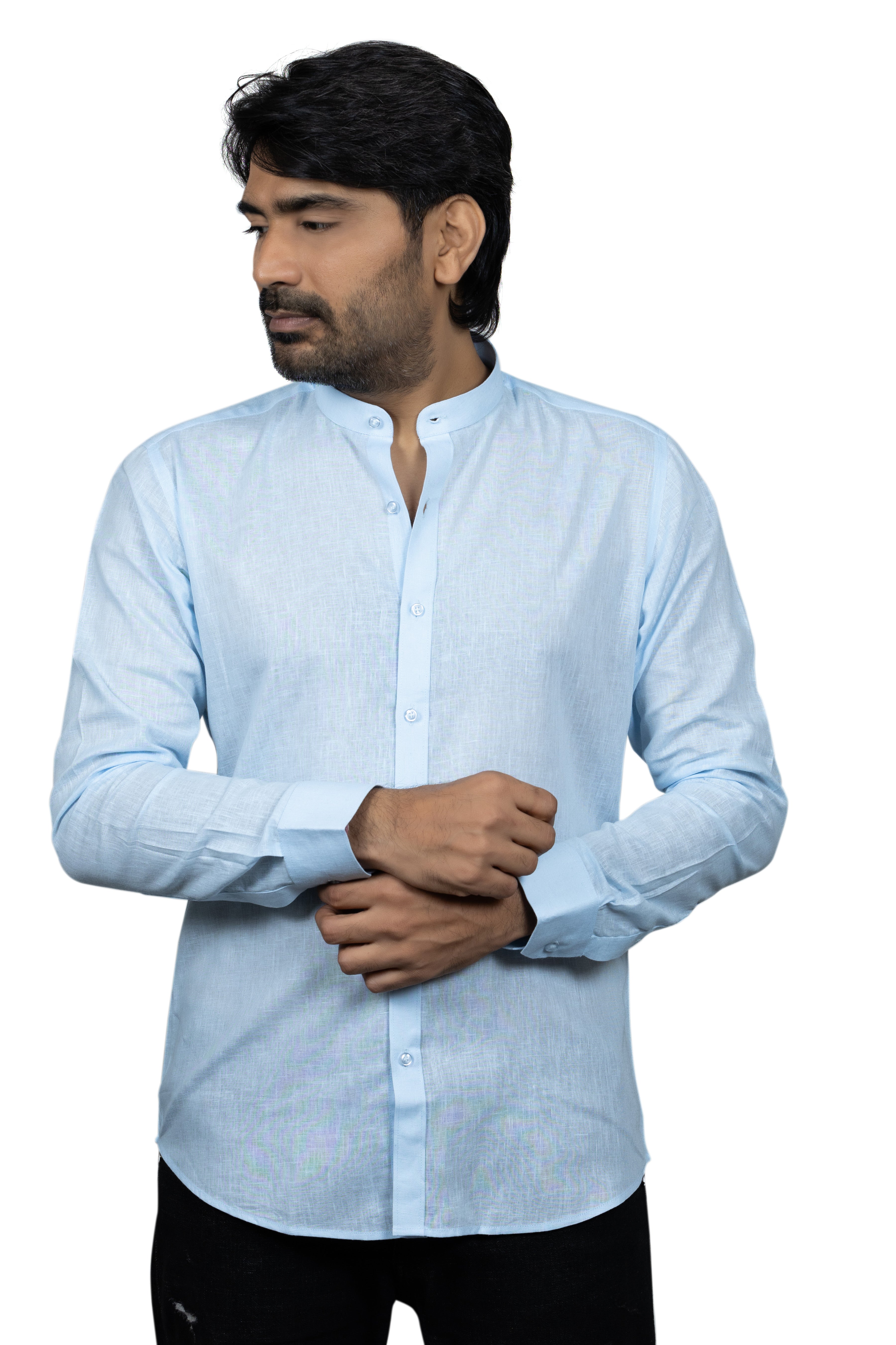 Blue Linen Madarin Collar Shirt