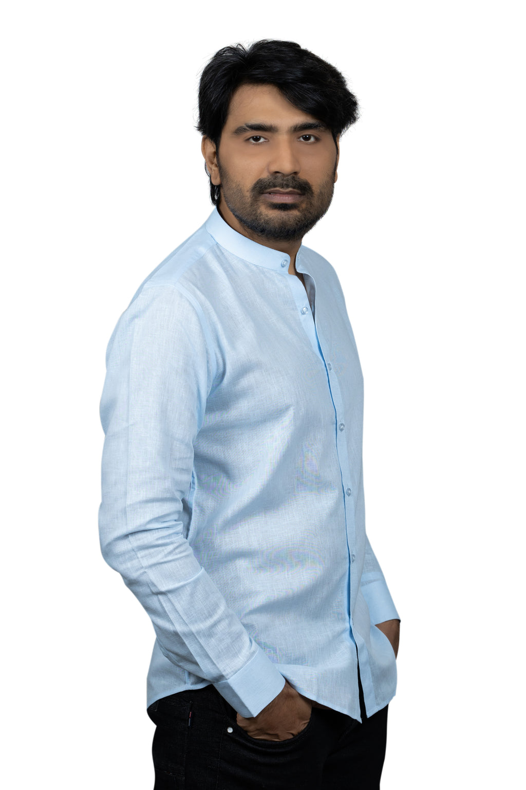 Blue Linen Madarin Collar Shirt