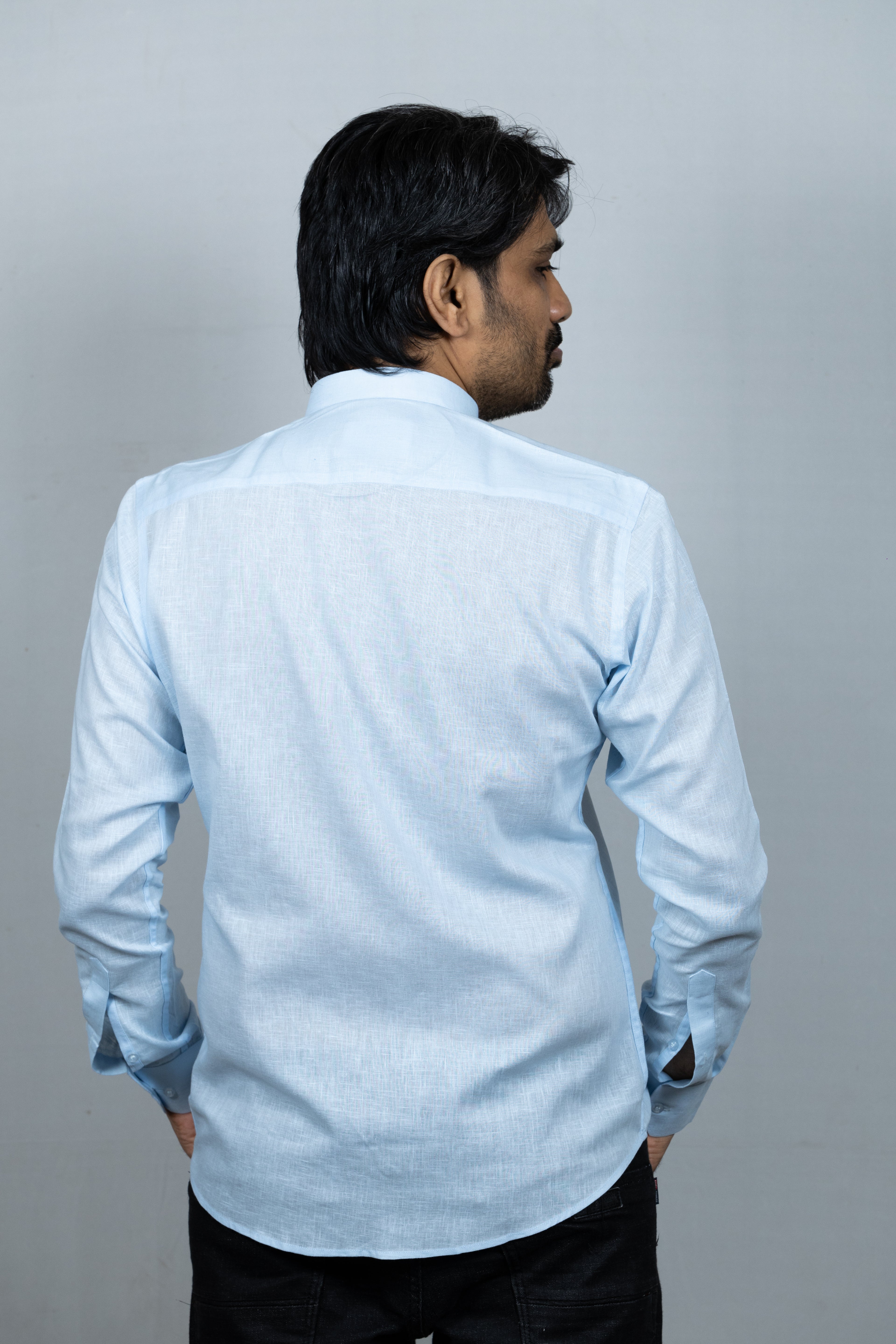 Blue Linen Madarin Collar Shirt