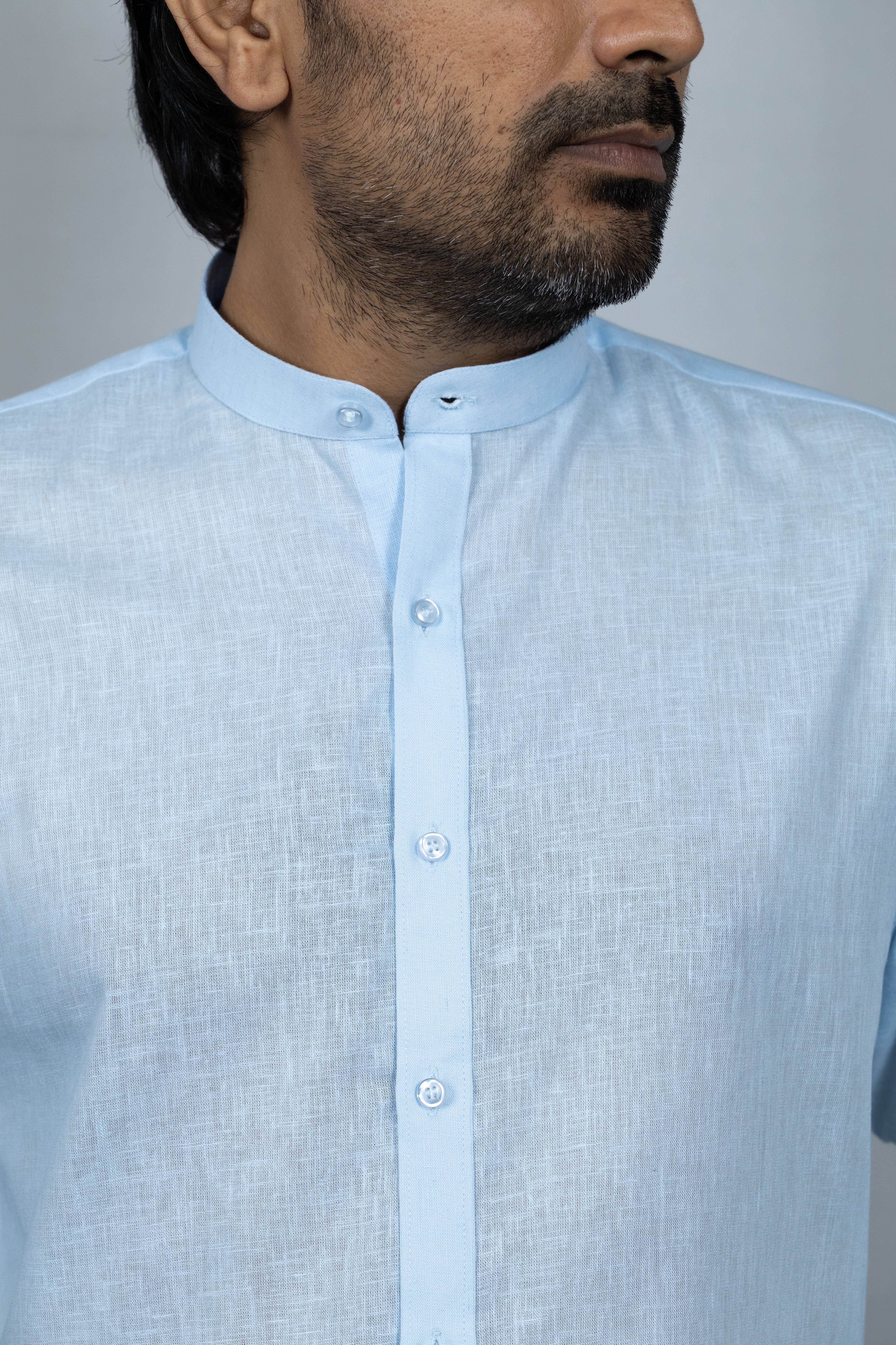 Blue Linen Madarin Collar Shirt