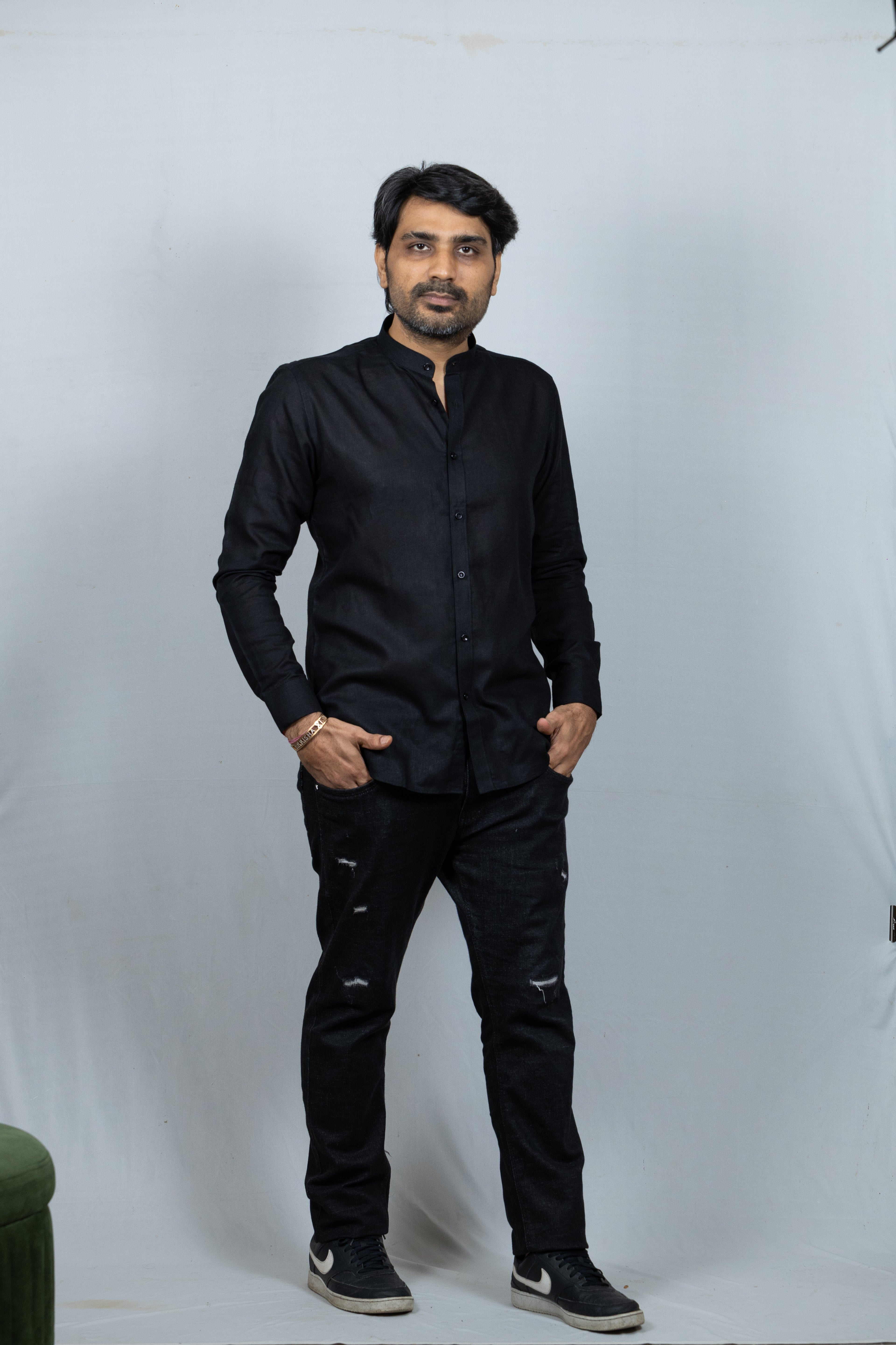 Black Linen Madarin Collar Shirt