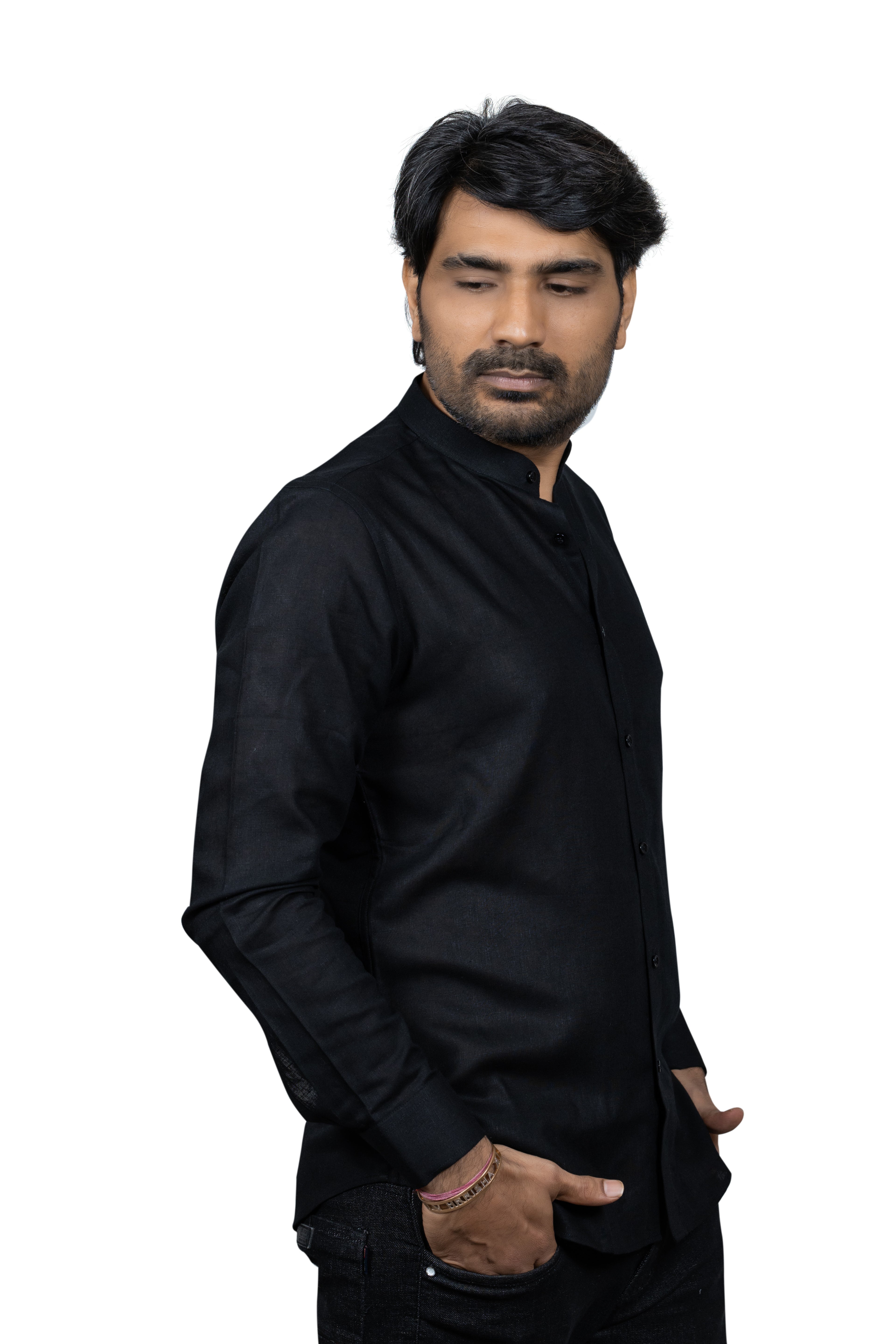Black Linen Madarin Collar Shirt