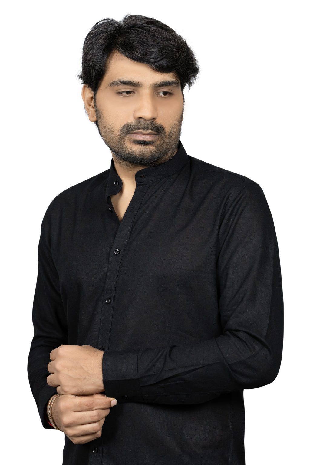 Black Linen Madarin Collar Shirt