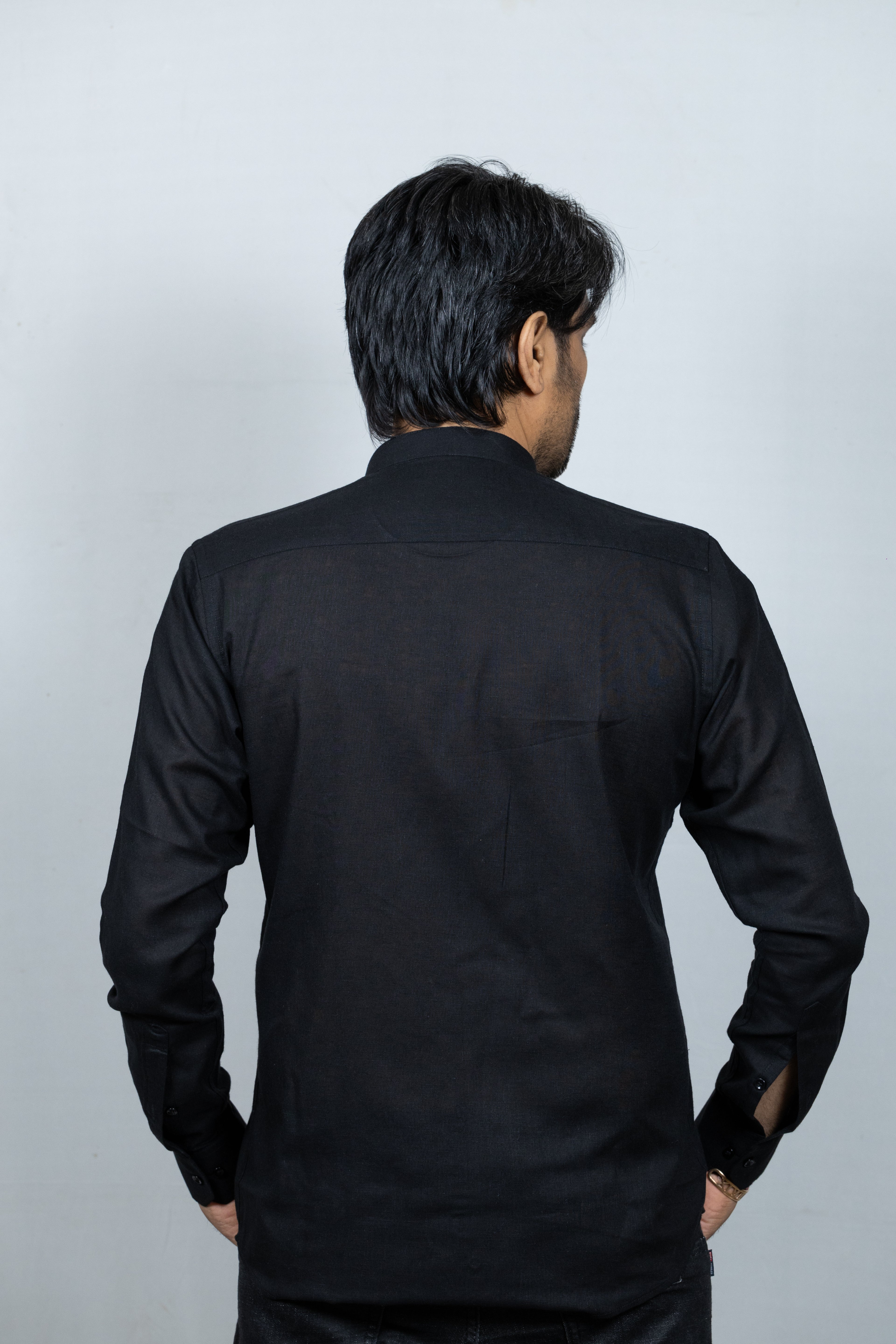 Black Linen Madarin Collar Shirt