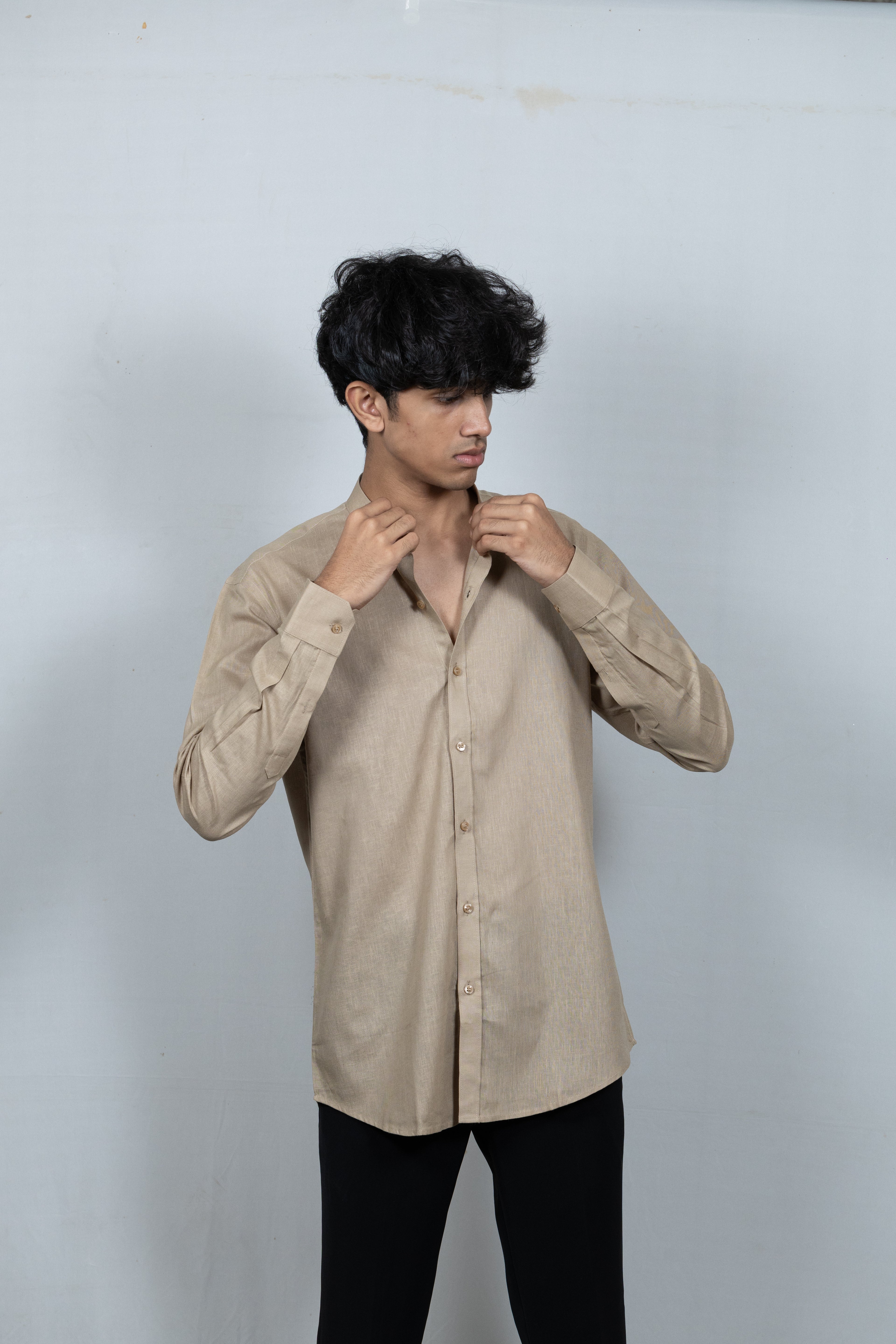 Brown Linen Madarin Collar Shirt