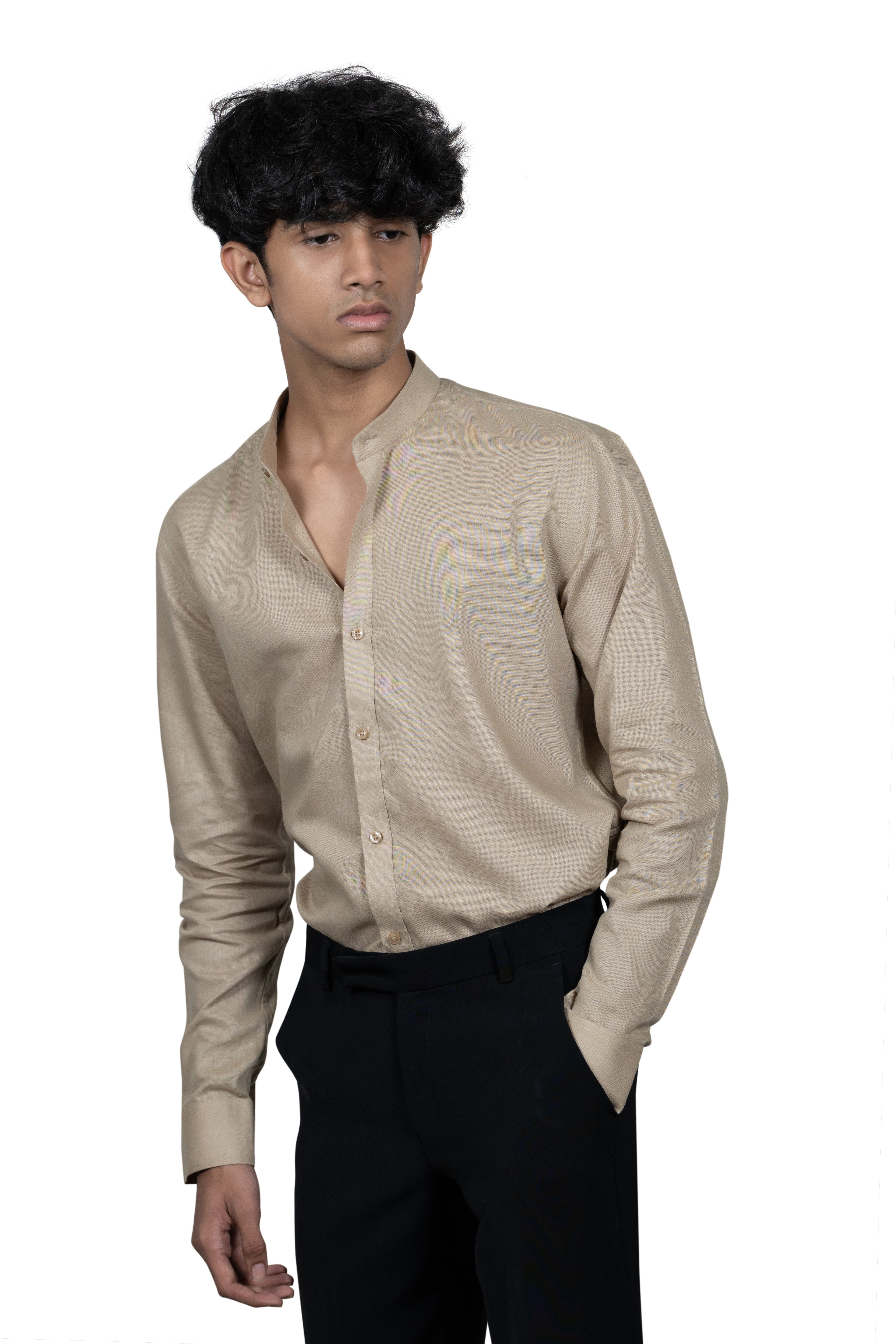 Brown Linen Madarin Collar Shirt