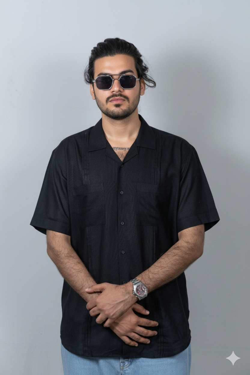Half-Sleeve Black Linen Shirt