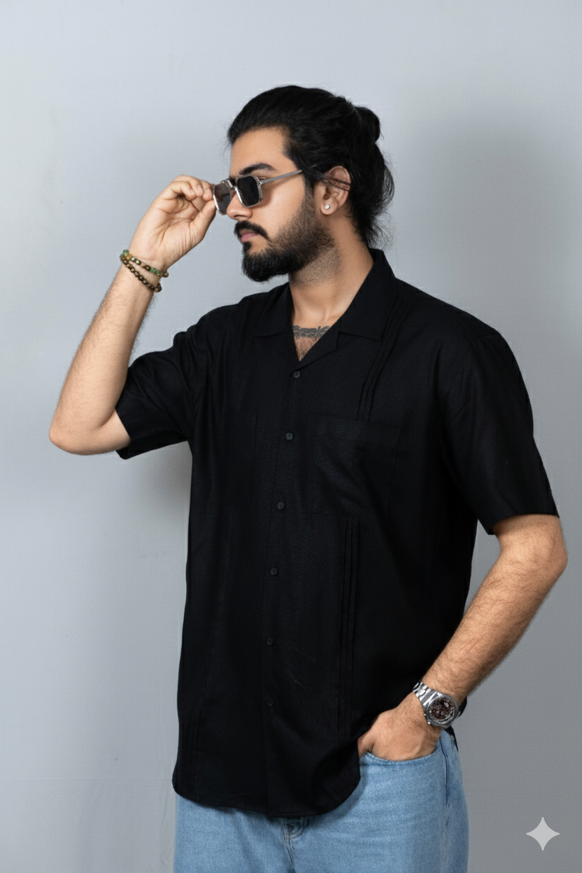 Half-Sleeve Black Linen Shirt