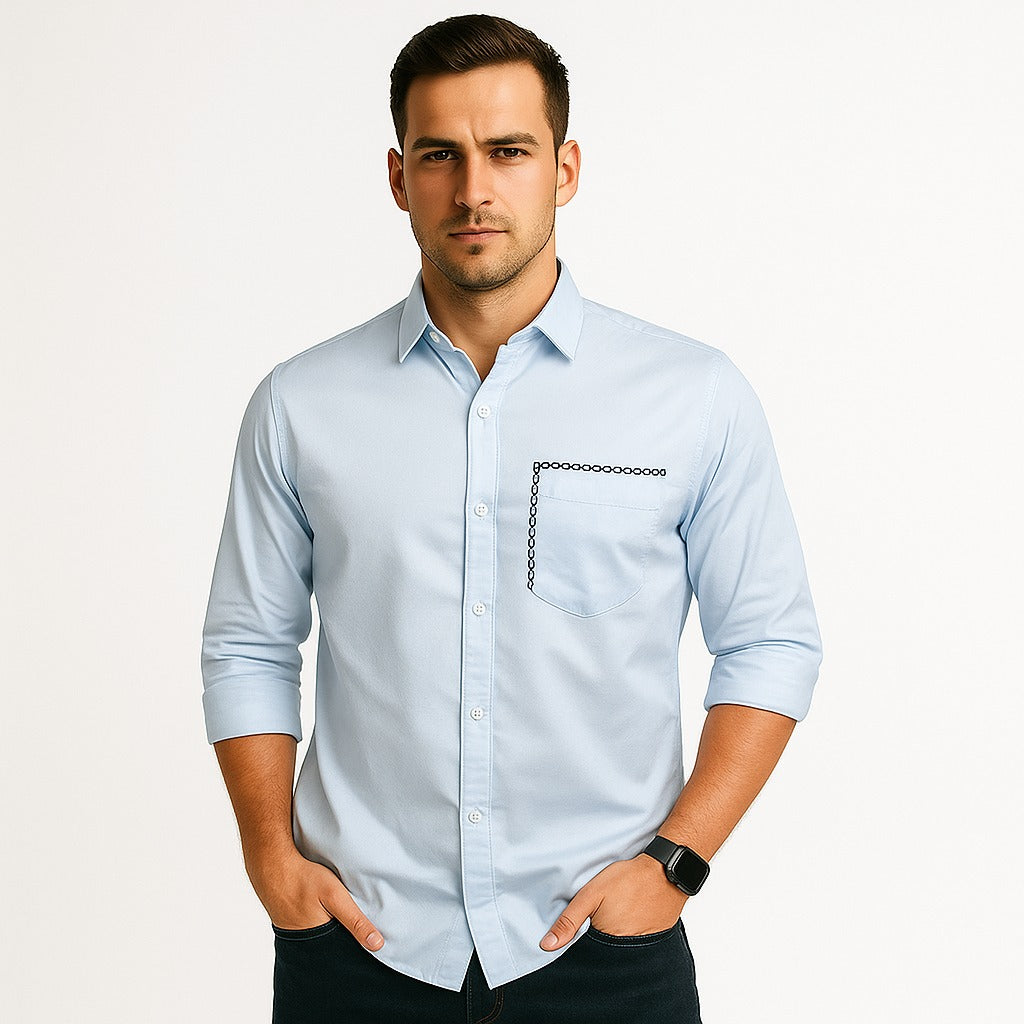Pocket Printed Light Blue Casual Shirt
